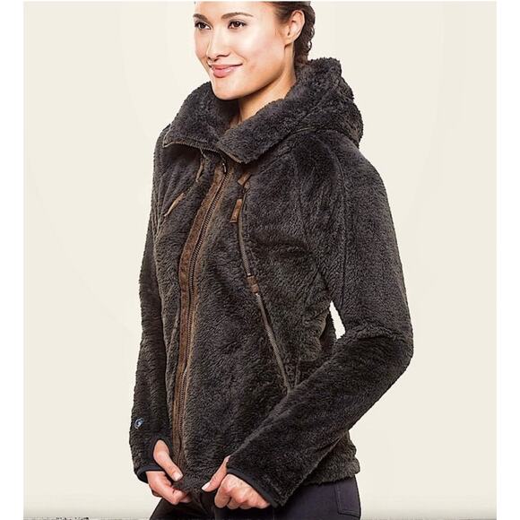 Kuhl Flight Jacket Sherpa Fleece Faux Leather Fur Hooded Jacket, Gray - Picture 1 of 16